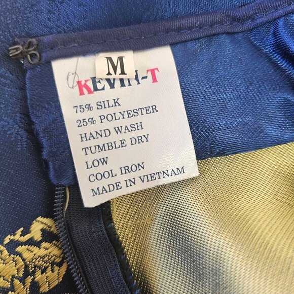 Kevin T Chinese Silk Qipao Top + Long Skirt Set S/M Thigh High Slits Blue Gold - Picture 9 of 10